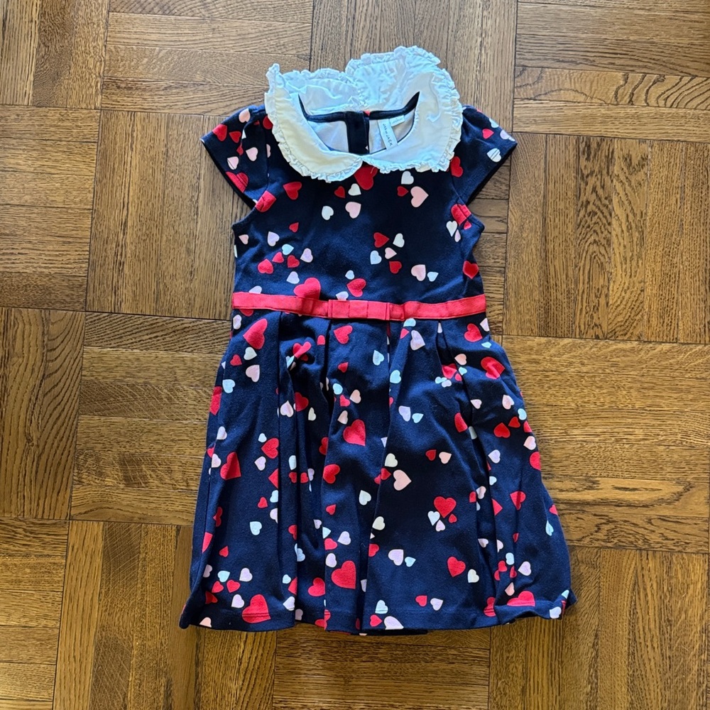 Janie & Jack Girls Navy Heart Print Dress with White Ruffle Collar size 6